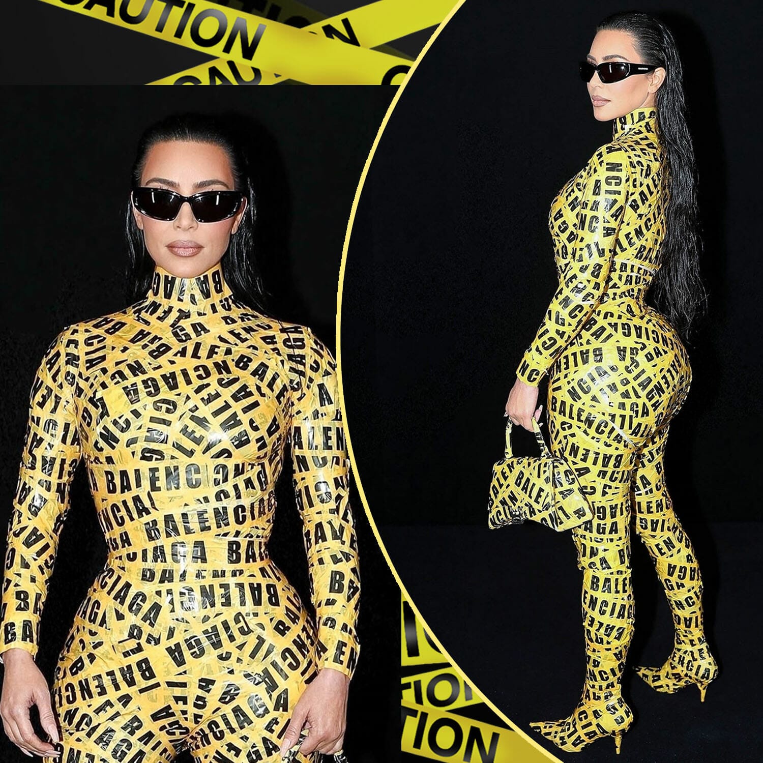 Kim Kardashian in yellow Caution Tape Mummy at the Balenciaga Fall Winter 2022-2023 - Le Bourget. RUNWAY MAGAZINE ® Collections. RUNWAY NOW / RUNWAY NEW